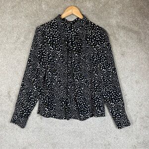 DKNY Blouse Womens Small Black White Long Sleeve Polyester Back Button- 3951